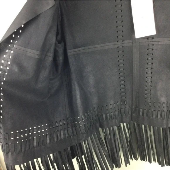 NWT Elizabeth & James Garvin Leather Fringe Woven Open Front Black Jacket Medium